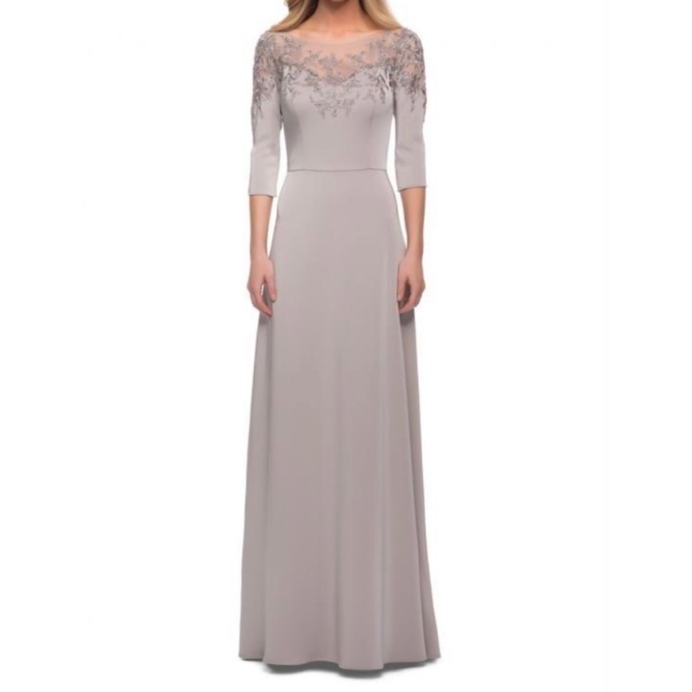 La Femme Mother of The Bride Dress 29227 Silver Embroidery Rhinestone Mesh.
